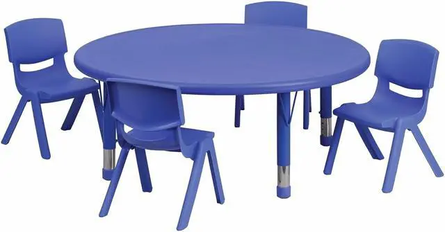 Alt view image 3 of 9 - 45'' Round Blue Plastic Height Adjustable Activity Table Set with 4 Chairs