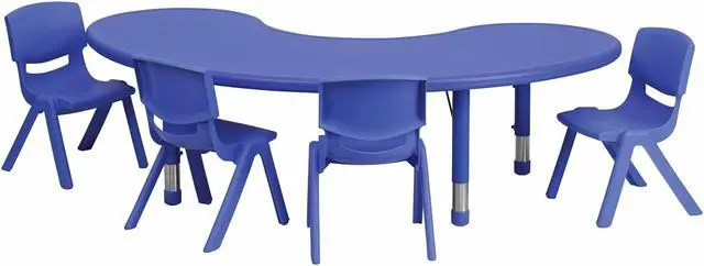 Alt view image 3 of 8 - 35''W x 65''L Half-Moon Blue Plastic Height Adjustable Activity Table Set with 4 Chairs