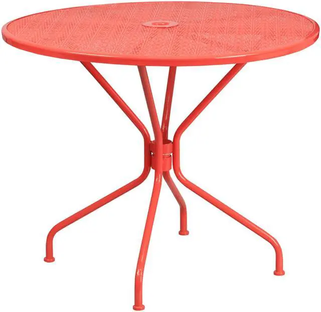 Alt view image 3 of 20 - Flash Furniture Oia Commercial Grade Round Indoor-Outdoor Steel Patio Table with Umbrella Hole Coral (CO7RED)
