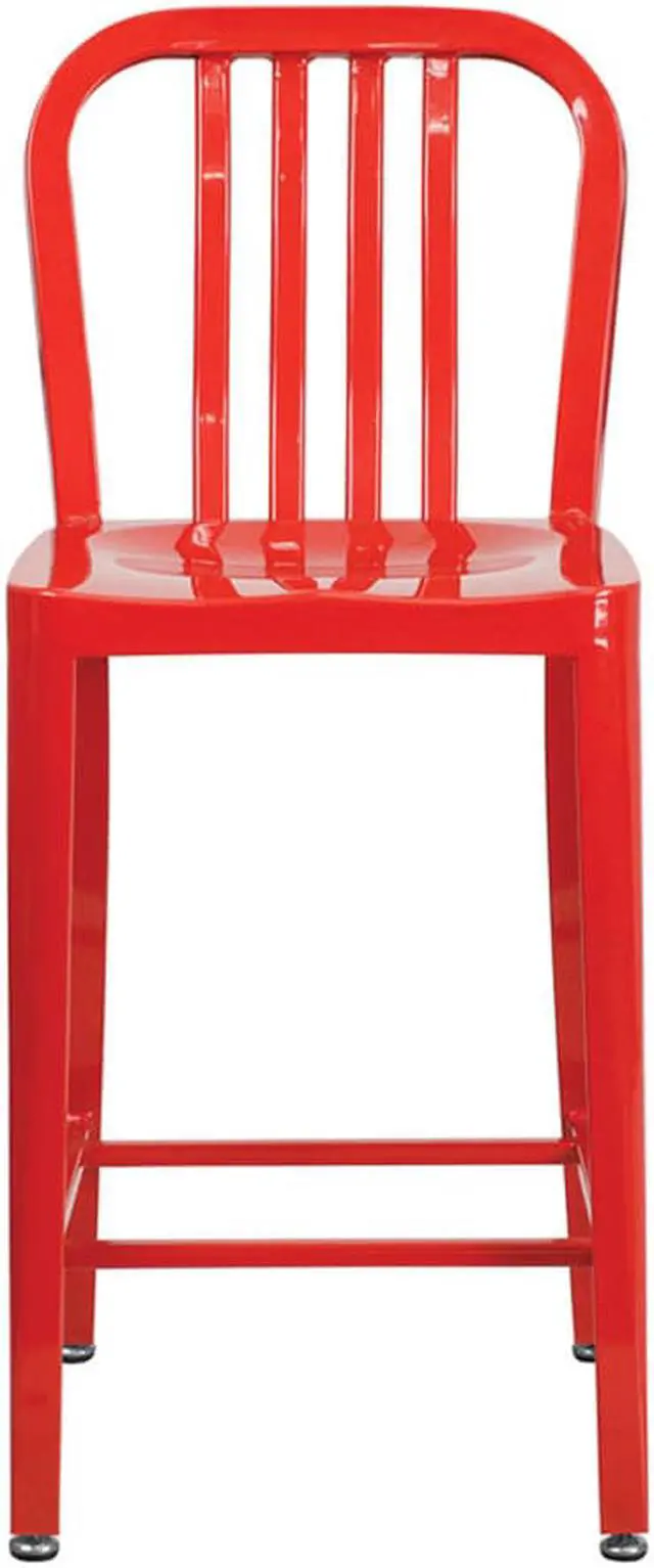 Alt view image 5 of 20 - Commercial Grade 24" High Red Metal Indoor-Outdoor Counter Height Stool with Vertical Slat Back