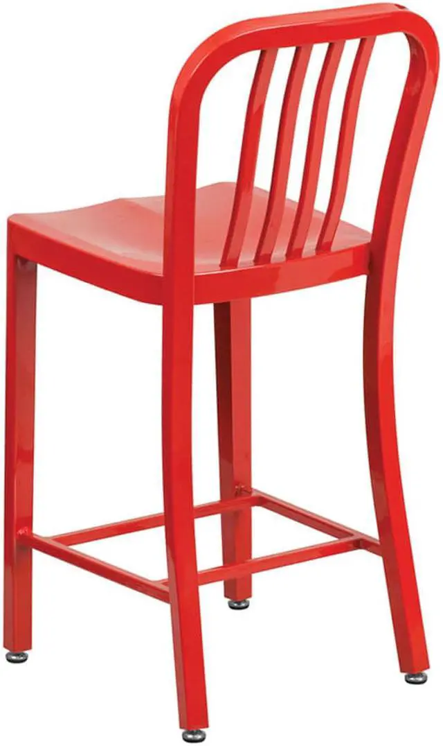 Alt view image 4 of 20 - Commercial Grade 24" High Red Metal Indoor-Outdoor Counter Height Stool with Vertical Slat Back
