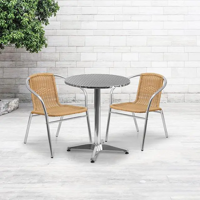 Alt view image 7 of 20 - Commercial Aluminum and Beige Rattan Indoor-Outdoor Restaurant Stack Chair