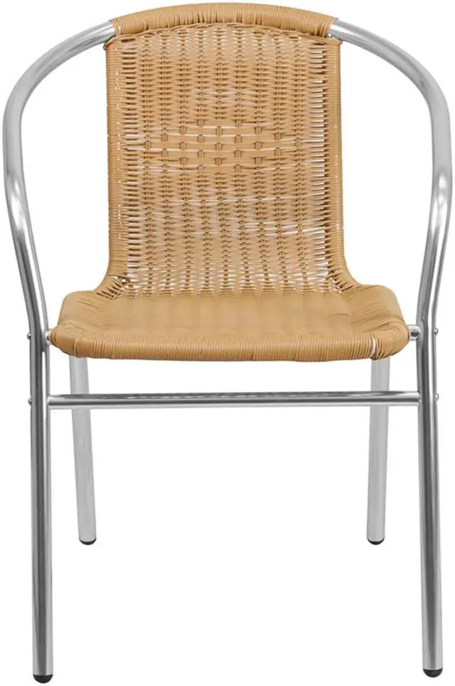 Alt view image 10 of 20 - Commercial Aluminum and Beige Rattan Indoor-Outdoor Restaurant Stack Chair