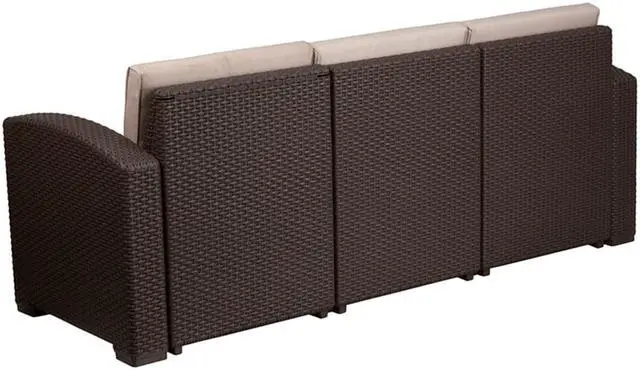 Alt view image 7 of 20 - Chocolate Brown Faux Rattan Sofa with All-Weather Beige Cushions