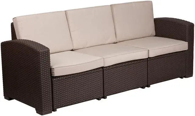 Alt view image 5 of 20 - Chocolate Brown Faux Rattan Sofa with All-Weather Beige Cushions