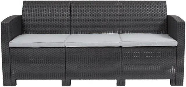 Alt view image 5 of 20 - Dark Gray Faux Rattan Sofa with All-Weather Light Gray Cushions