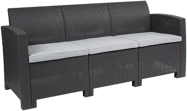 Main image of Dark Gray Faux Rattan Sofa with All-Weather Light Gray Cushions