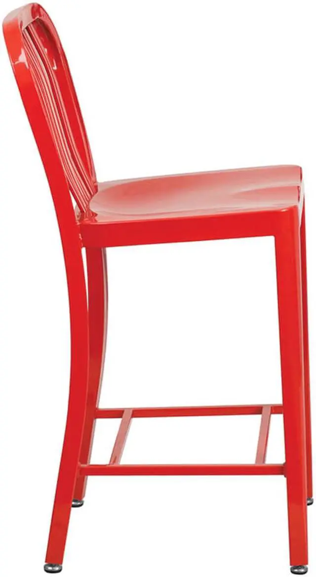Alt view image 3 of 20 - Commercial Grade 24" High Red Metal Indoor-Outdoor Counter Height Stool with Vertical Slat Back