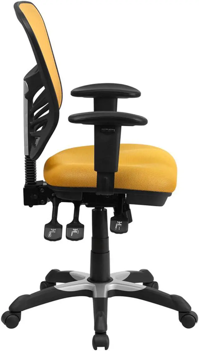 Alt view image 3 of 20 - Mid-Back Yellow-Orange Mesh Multifunction Executive Swivel Ergonomic Office Chair with Adjustable Arms