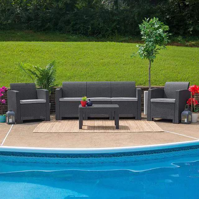 Alt view image 2 of 20 - Dark Gray Faux Rattan Sofa with All-Weather Light Gray Cushions
