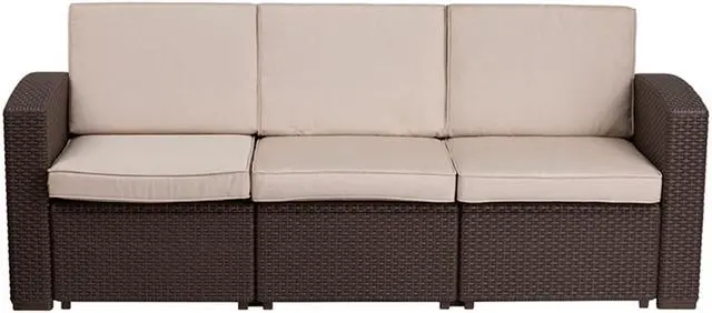 Alt view image 8 of 20 - Chocolate Brown Faux Rattan Sofa with All-Weather Beige Cushions