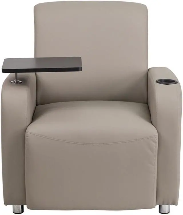 Alt view image 14 of 20 - Gray Leather Guest Chair with Tablet Arm, Chrome Legs and Cup Holder