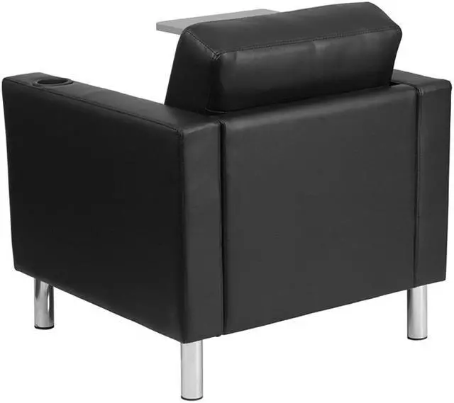Alt view image 11 of 20 - Black Leather Guest Chair with Tablet Arm, Tall Chrome Legs and Cup Holder