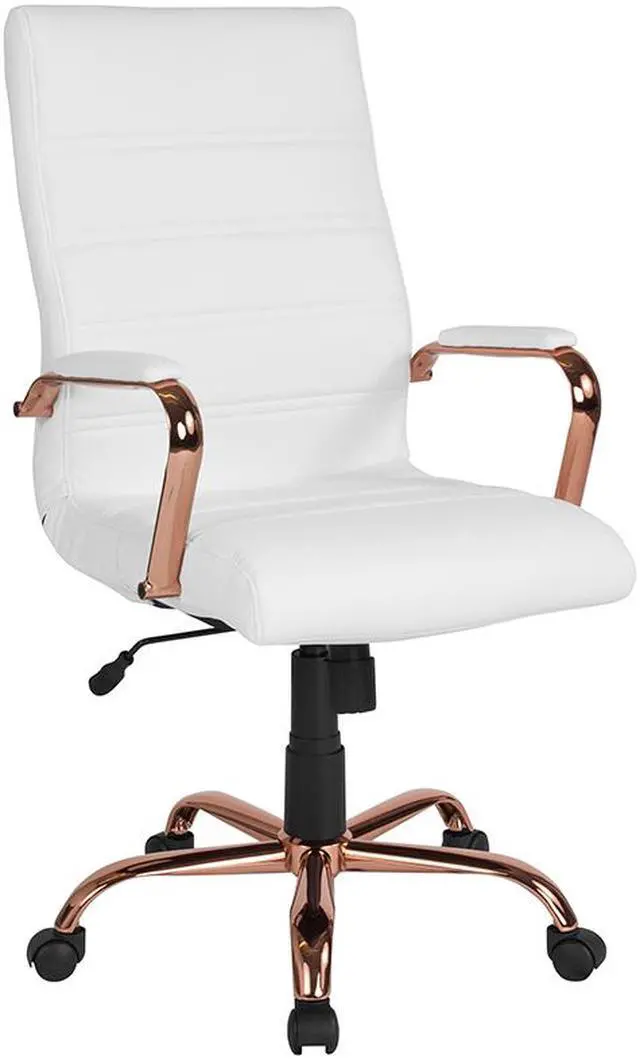 Alt view image 9 of 20 - High Back White LeatherSoft Executive Swivel Office Chair with Rose Gold Frame and Arms
