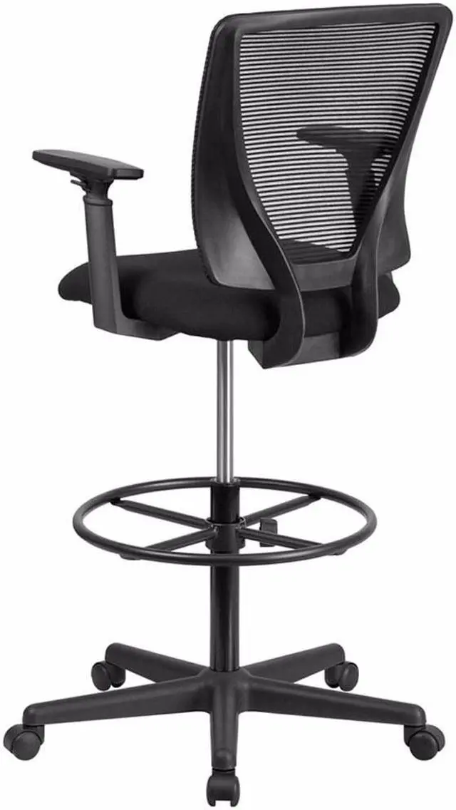 Alt view image 15 of 20 - Ergonomic Mid-Back Mesh Drafting Chair with Black Fabric Seat, Adjustable Foot Ring and Adjustable Arms