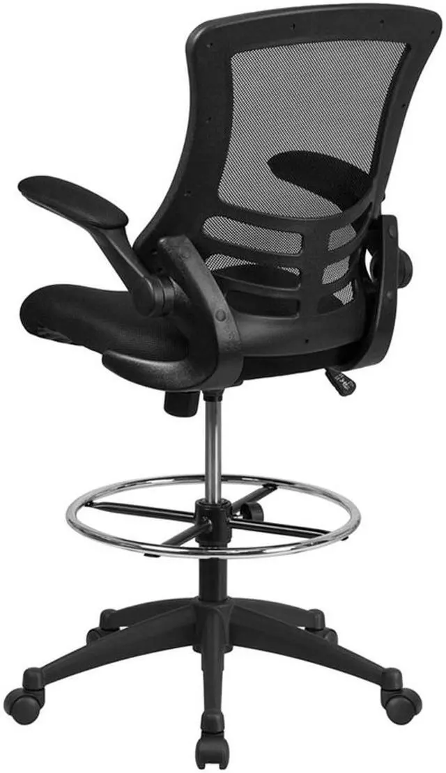 Alt view image 16 of 20 - Mid-Back Black Mesh Ergonomic Drafting Chair with Adjustable Foot Ring and Flip-Up Arms