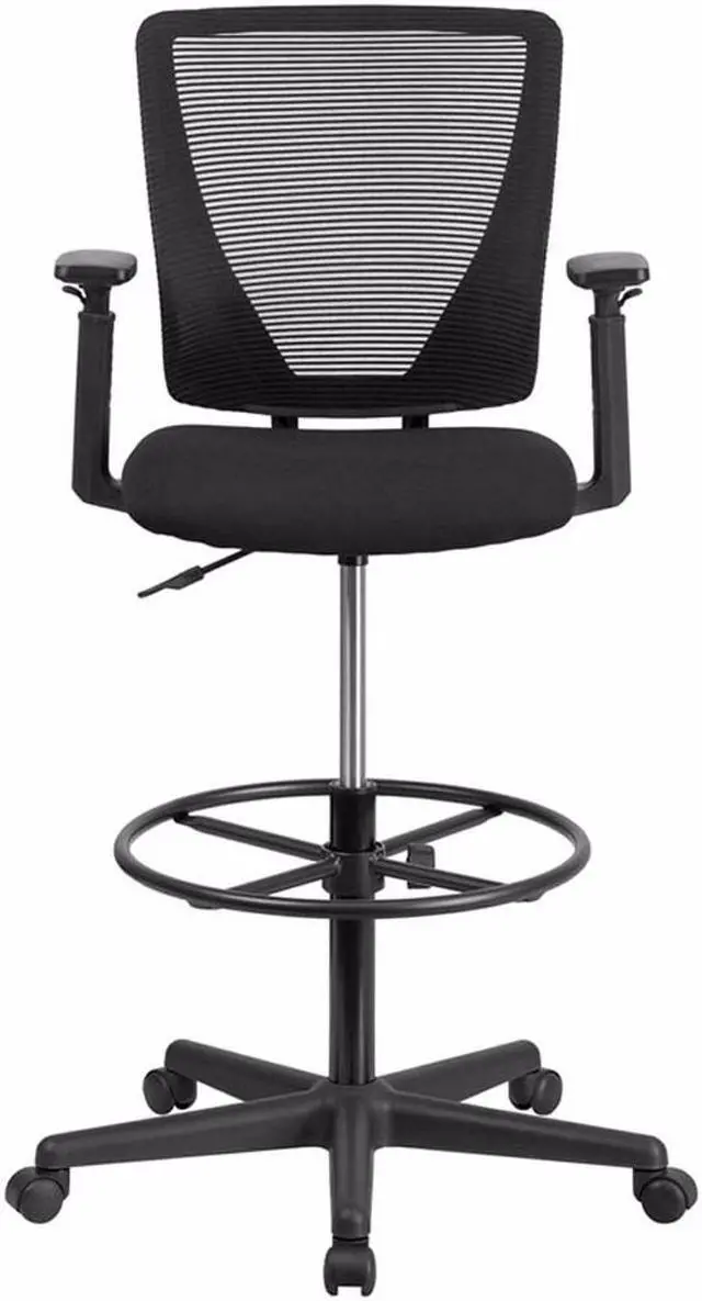 Alt view image 16 of 20 - Ergonomic Mid-Back Mesh Drafting Chair with Black Fabric Seat, Adjustable Foot Ring and Adjustable Arms