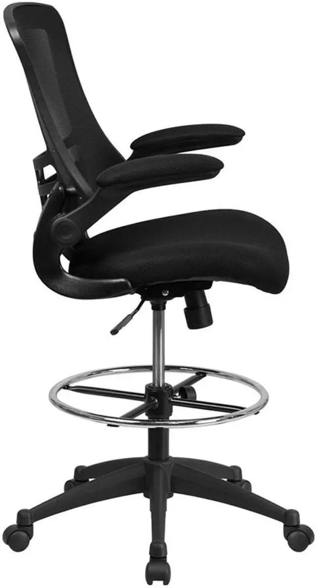 Alt view image 15 of 20 - Mid-Back Black Mesh Ergonomic Drafting Chair with Adjustable Foot Ring and Flip-Up Arms