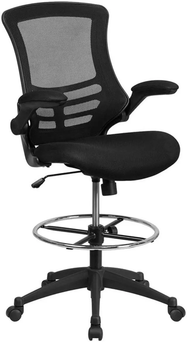 Alt view image 14 of 20 - Mid-Back Black Mesh Ergonomic Drafting Chair with Adjustable Foot Ring and Flip-Up Arms