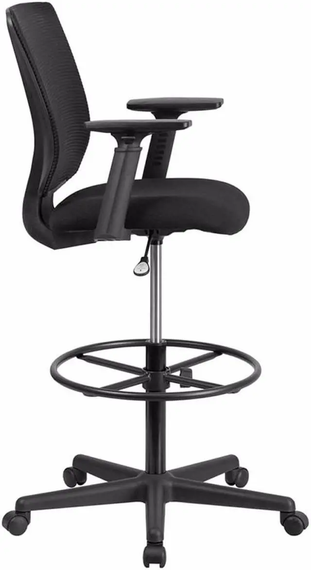 Alt view image 14 of 20 - Ergonomic Mid-Back Mesh Drafting Chair with Black Fabric Seat, Adjustable Foot Ring and Adjustable Arms