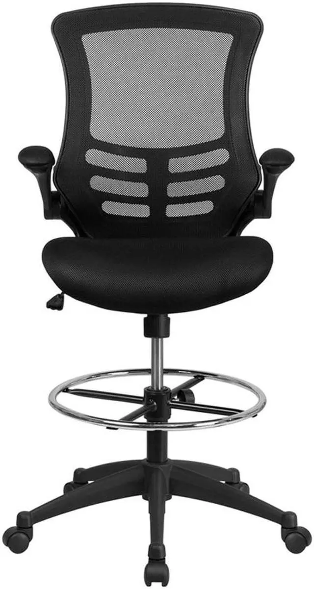 Alt view image 17 of 20 - Mid-Back Black Mesh Ergonomic Drafting Chair with Adjustable Foot Ring and Flip-Up Arms