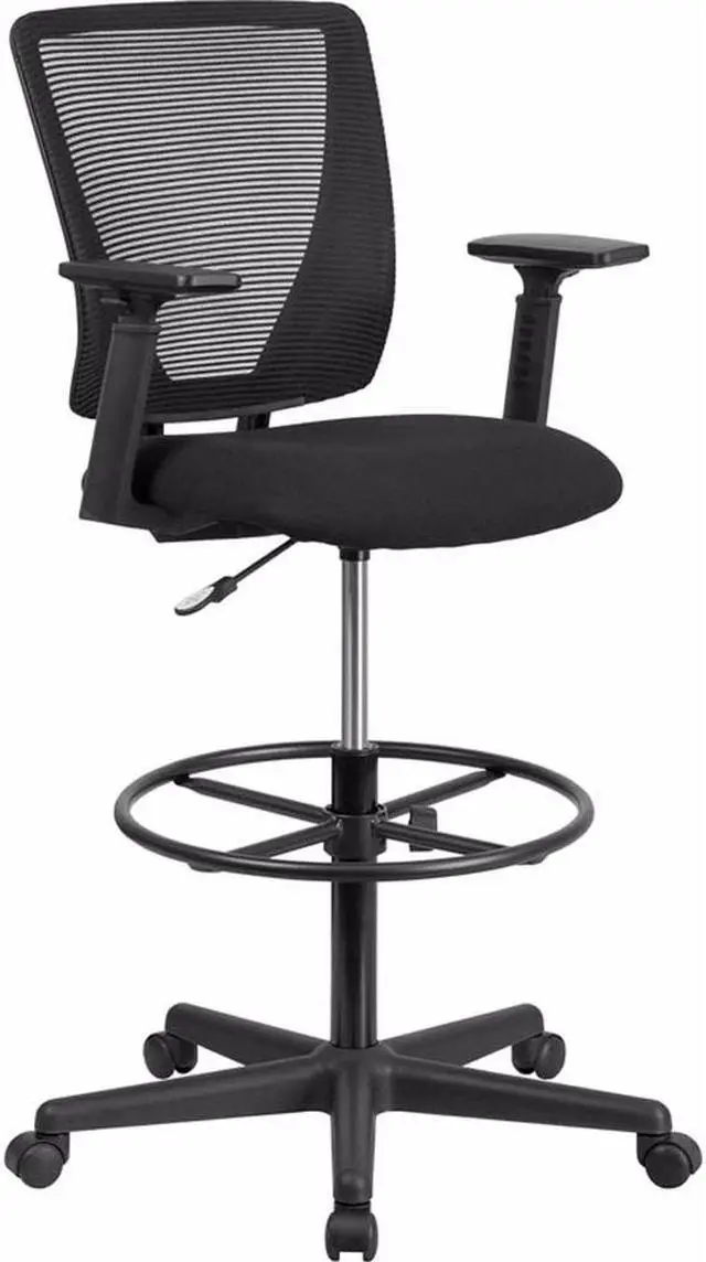 Alt view image 13 of 20 - Ergonomic Mid-Back Mesh Drafting Chair with Black Fabric Seat, Adjustable Foot Ring and Adjustable Arms