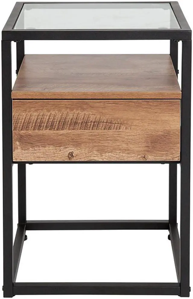 Alt view image 5 of 19 - Flash Furniture Cumberland Collection Glass End Table with Drawer and Shelf, Rustic Wood Grain Finish