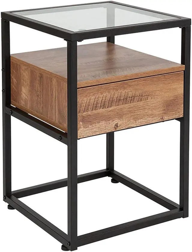 Alt view image 4 of 19 - Flash Furniture Cumberland Collection Glass End Table with Drawer and Shelf, Rustic Wood Grain Finish