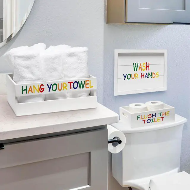 Alt view image 4 of 20 - Elegant Designs Three Piece Decorative Wood Bathroom Set, Large, Kids  (1 Towel Holder, 1 Frame, 1 Toilet Paper Holder)