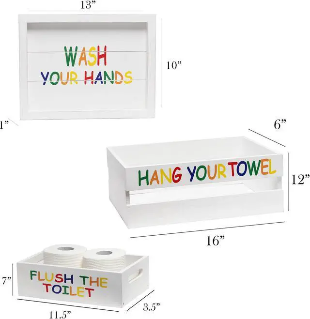 Alt view image 3 of 20 - Elegant Designs Three Piece Decorative Wood Bathroom Set, Large, Kids  (1 Towel Holder, 1 Frame, 1 Toilet Paper Holder)