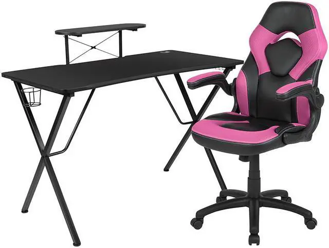 Alt view image 15 of 20 - Flash Furniture Contemporary Rectangle Gaming Desk and Racing Chair Set with Cup Holder, Headphone Hook and Monitor/Smartphone Stand - Pink/Black