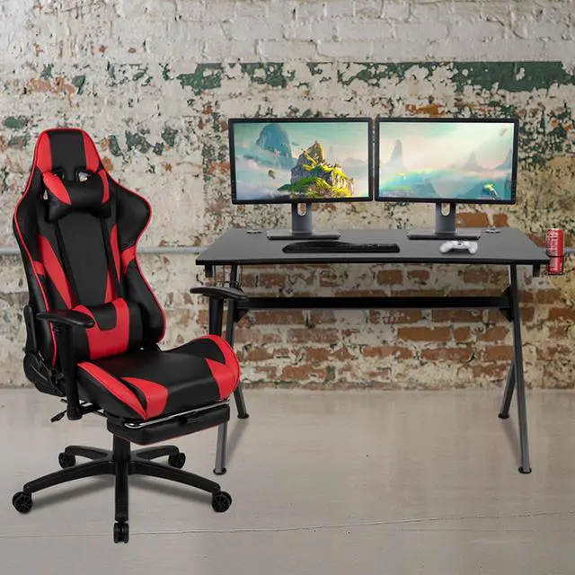 Alt view image 9 of 20 - Flash Furniture Rectangle Gaming Desk and Footrest Reclining Chair Set with Detachable Cup Holder, Headphone Hook, 2 Wire Management Holes - Red/Black