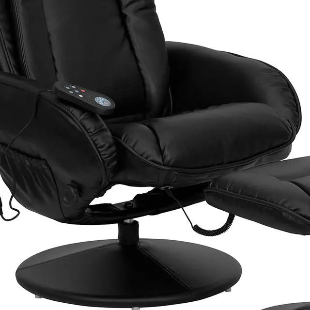 Alt view image 12 of 20 - Massaging Multi-Position Plush Recliner with Side Pocket and Ottoman in Black LeatherSoft