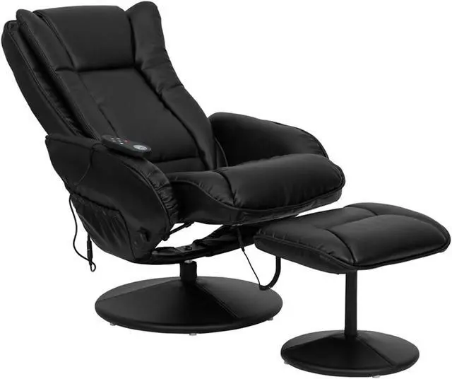 Alt view image 10 of 20 - Massaging Multi-Position Plush Recliner with Side Pocket and Ottoman in Black LeatherSoft