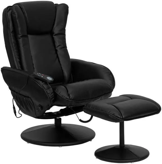 Alt view image 7 of 20 - Massaging Multi-Position Plush Recliner with Side Pocket and Ottoman in Black LeatherSoft