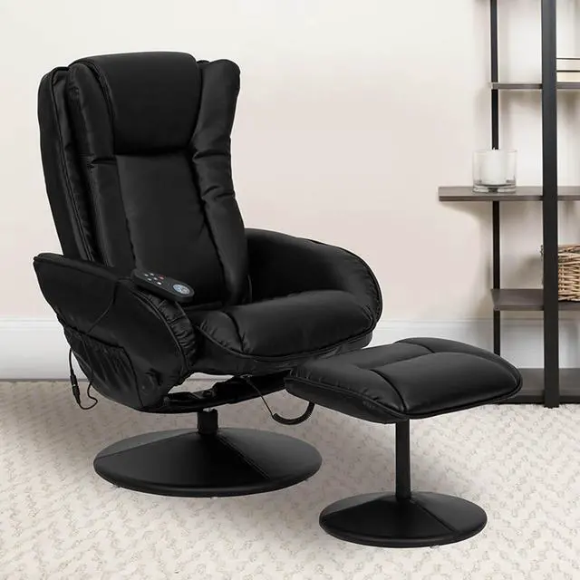 Alt view image 8 of 20 - Massaging Multi-Position Plush Recliner with Side Pocket and Ottoman in Black LeatherSoft