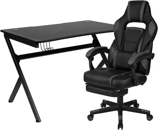 Alt view image 8 of 20 - Black Gaming Desk with Cup Holder/Headphone Hook/2 Wire Management Holes & Black Reclining Back/Arms Gaming Chair with Footrest