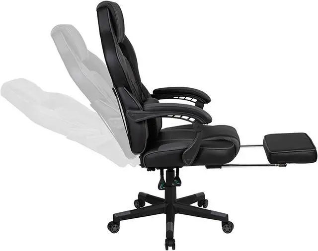 Alt view image 11 of 20 - Black Gaming Desk with Cup Holder/Headphone Hook/2 Wire Management Holes & Black Reclining Back/Arms Gaming Chair with Footrest
