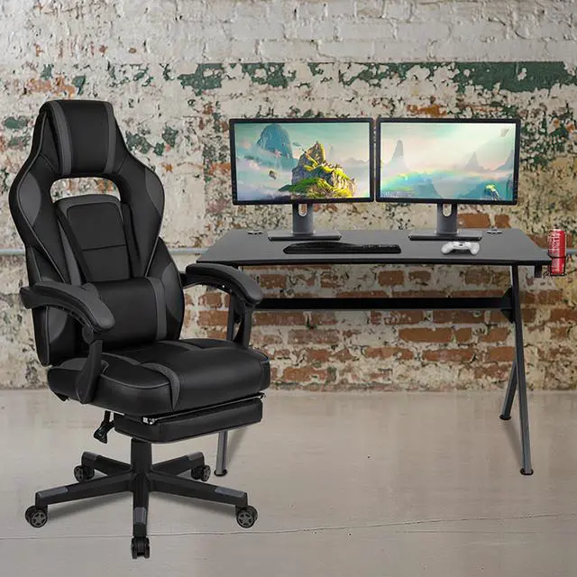 Alt view image 9 of 20 - Black Gaming Desk with Cup Holder/Headphone Hook/2 Wire Management Holes & Black Reclining Back/Arms Gaming Chair with Footrest