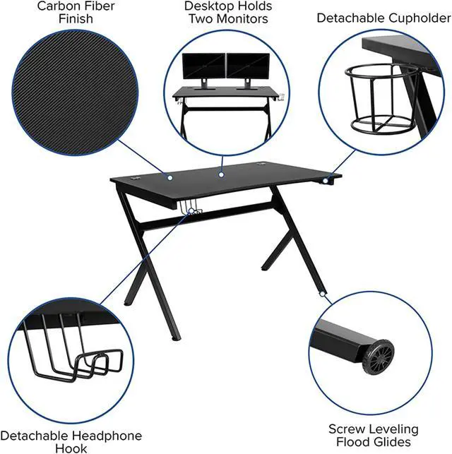 Alt view image 10 of 20 - Black Gaming Desk with Cup Holder/Headphone Hook/2 Wire Management Holes & Black Reclining Back/Arms Gaming Chair with Footrest