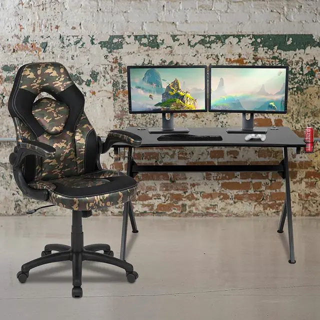 Alt view image 14 of 20 - Black Gaming Desk and Camouflage/Black Racing Chair Set with Cup Holder, Headphone Hook & 2 Wire Management Holes