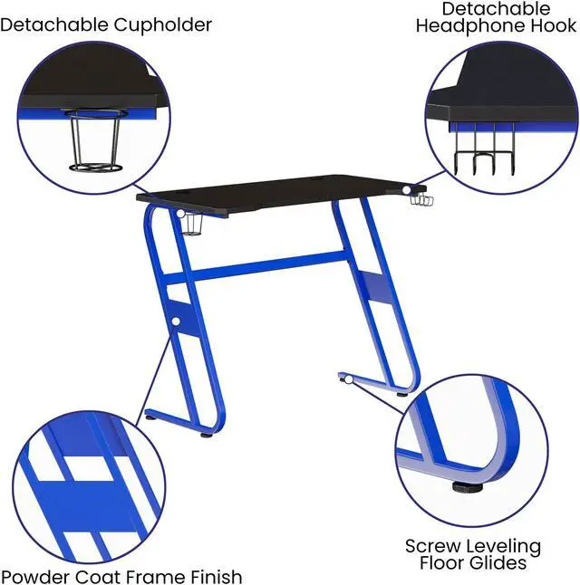 Alt view image 11 of 20 - Blue Gaming Ergonomic Desk with Cup Holder and Headphone Hook
