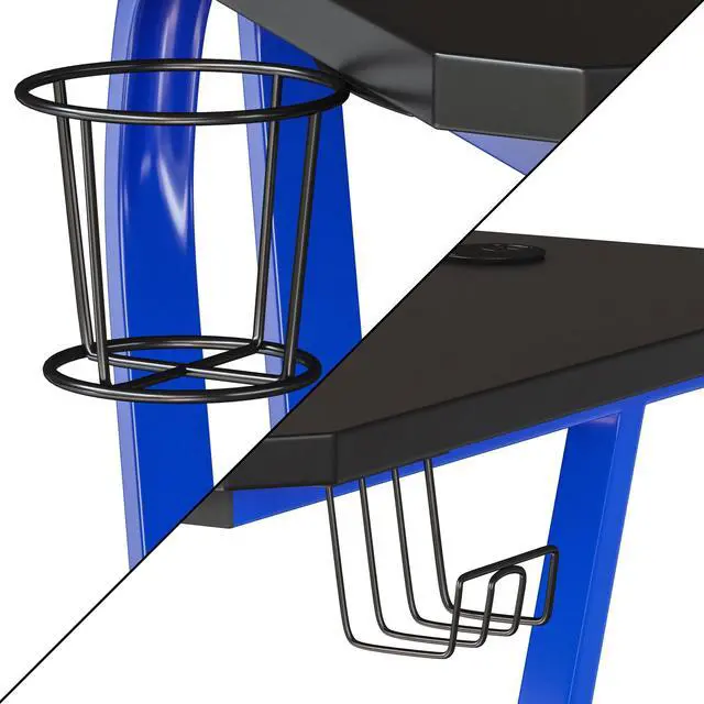 Alt view image 13 of 20 - Blue Gaming Ergonomic Desk with Cup Holder and Headphone Hook