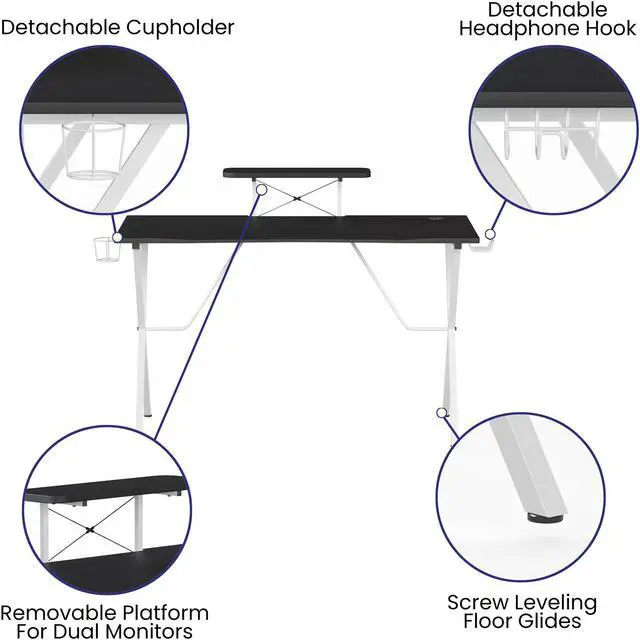 Alt view image 11 of 20 - Black Gaming Desk and White Frame with Cup Holder, Headphone Hook, and Monitor/Smartphone Stand