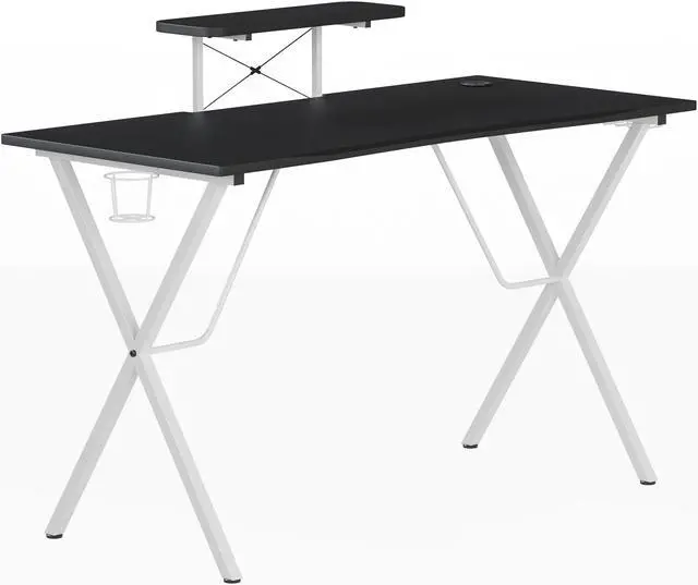 Alt view image 8 of 20 - Black Gaming Desk and White Frame with Cup Holder, Headphone Hook, and Monitor/Smartphone Stand