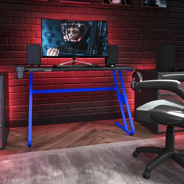 Alt view image 9 of 20 - Blue Gaming Ergonomic Desk with Cup Holder and Headphone Hook