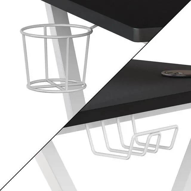 Alt view image 13 of 20 - Black Gaming Desk and White Frame with Cup Holder, Headphone Hook, and Monitor/Smartphone Stand