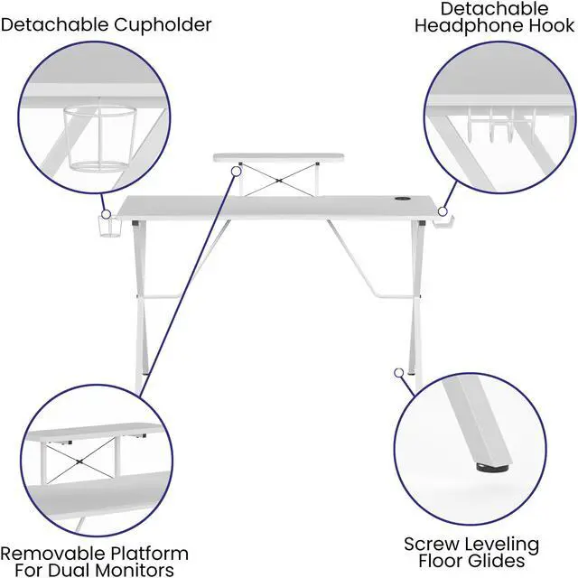 Alt view image 11 of 20 - White Gaming Desk with Cup Holder, Headphone Hook, and Monitor/Smartphone Stand