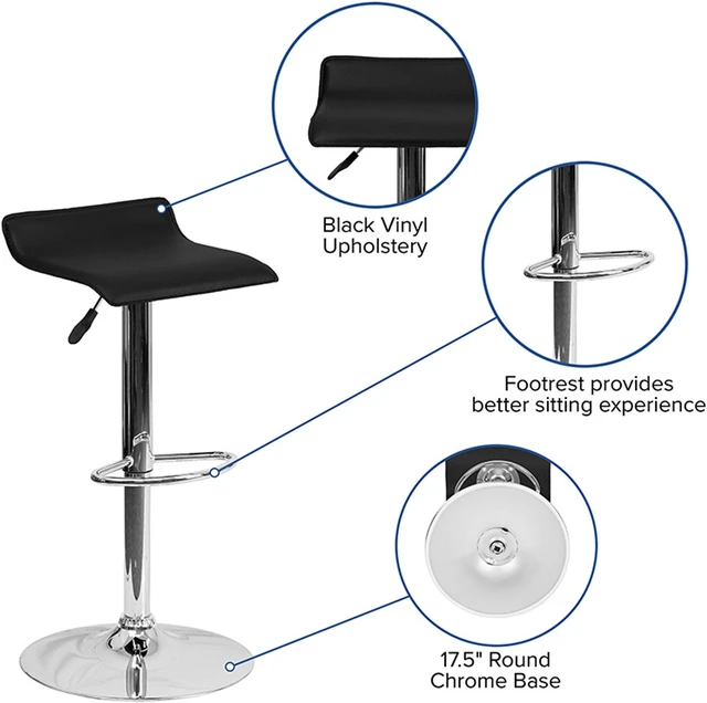 Alt view image 20 of 20 - Contemporary Black Vinyl Adjustable Height Barstool with Solid Wave Seat and Chrome Base