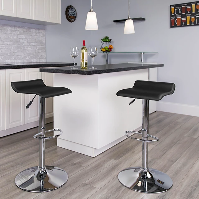 Alt view image 17 of 20 - Contemporary Black Vinyl Adjustable Height Barstool with Solid Wave Seat and Chrome Base